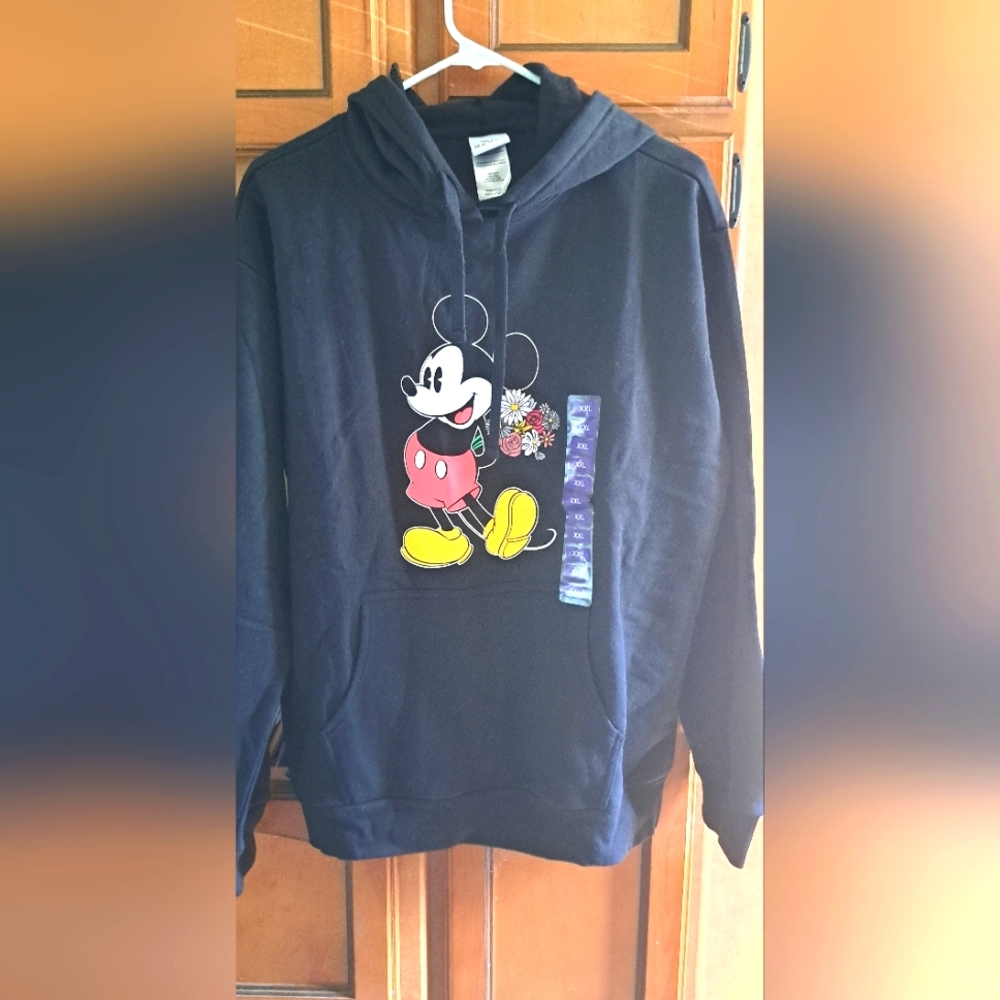 Ladies Floral Embroidered Disney Mickey Mouse Black Sweatshirt XXL  Hooded